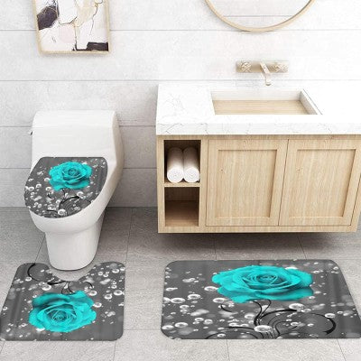 Set complet pentru baie – 4 piese Blue Rose (perdea + covorașe + husă toaletă)