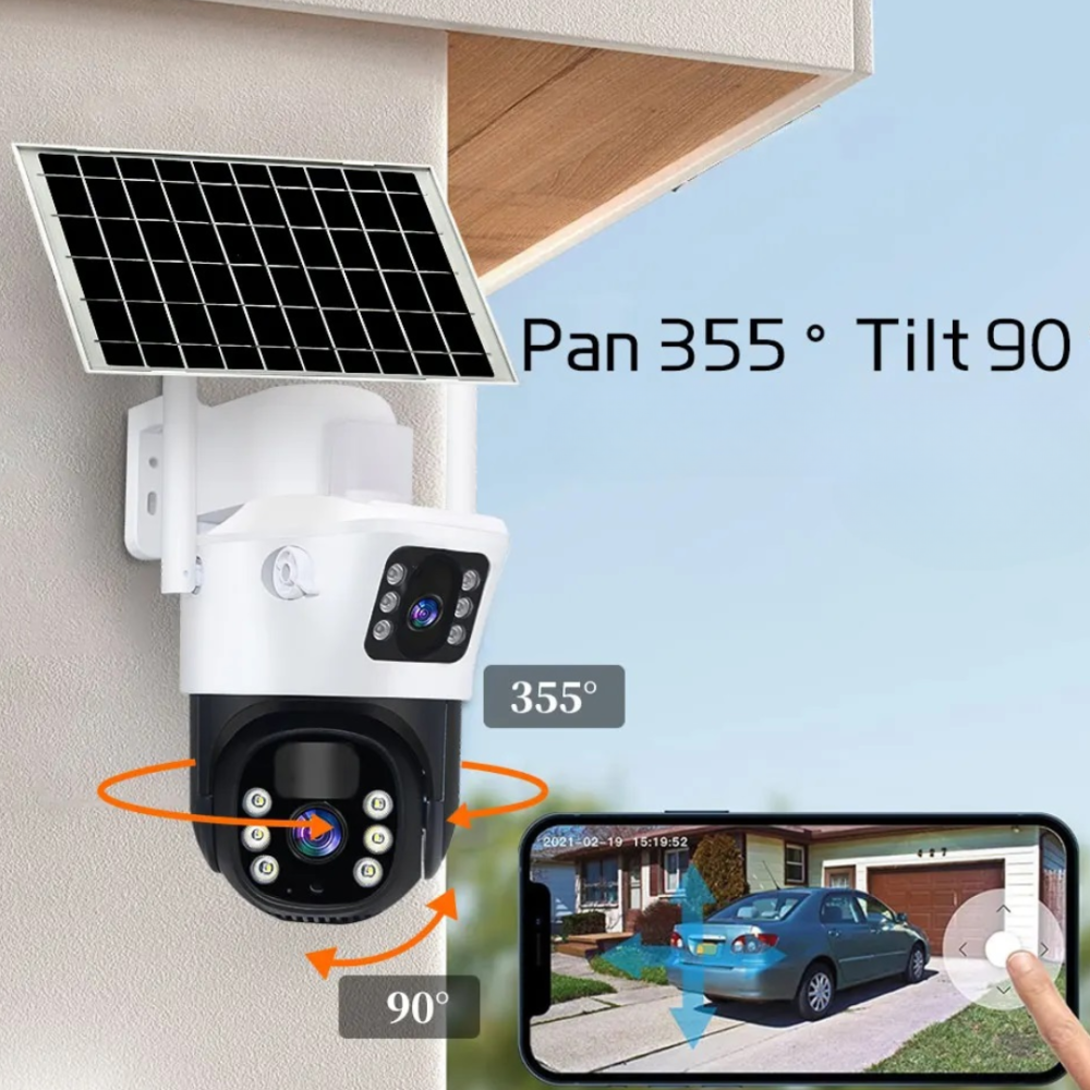 Cameră smart IP cu lentilă duală, cartelă sim 4G, Cameră IR fără fir, Alarmă mișcare, microfon