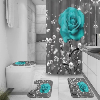 Set complet pentru baie – 4 piese Blue Rose (perdea + covorașe + husă toaletă)