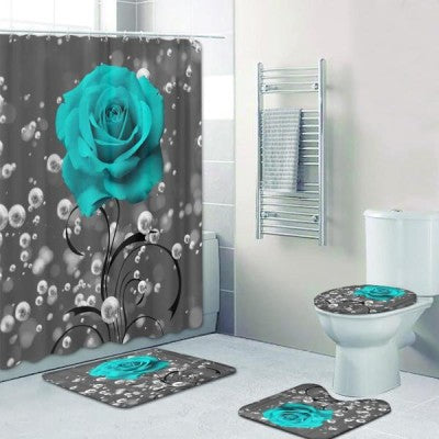 Set complet pentru baie – 4 piese Blue Rose (perdea + covorașe + husă toaletă)