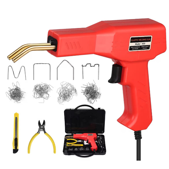 Trusa aparat sudat plastic, pistol profesional pentru lipit/sudat plastic, kit pentru repararea fisurilor din plastic, polipropilena, 200 capse de întărire, putere 50W