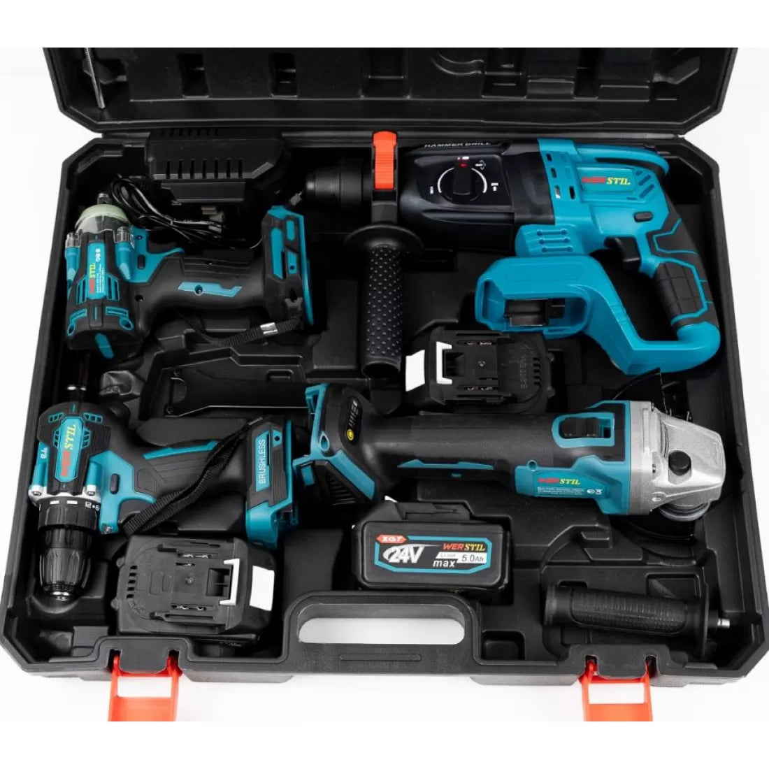 Trusa 4 piese Werstil 2 acumulatori 48V, 5Ah, Ciocan Rotopercutor, Autofiletanta, Polizor unghiular, Cheie impact