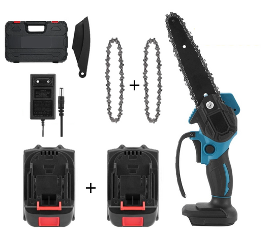 Mini drujbă cu lanț, fără fir, lamă 6 inch, portabilă, cu 2 acumulatori 48V + 2 lanțuri